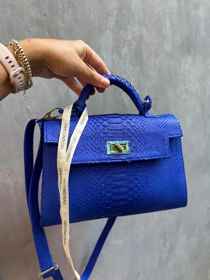 Top handle bright blue classy genuine python skin bag | exotic leather bags | Elegant women purse | snake skin bag | designer leather bag