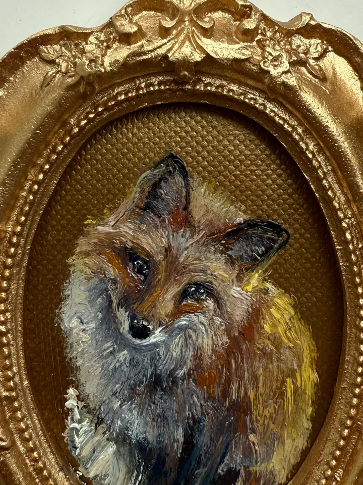 Framed Fox Oil Painting Original Wild Animals Art Cute Fox Painting Gold Frame Victorian Painting