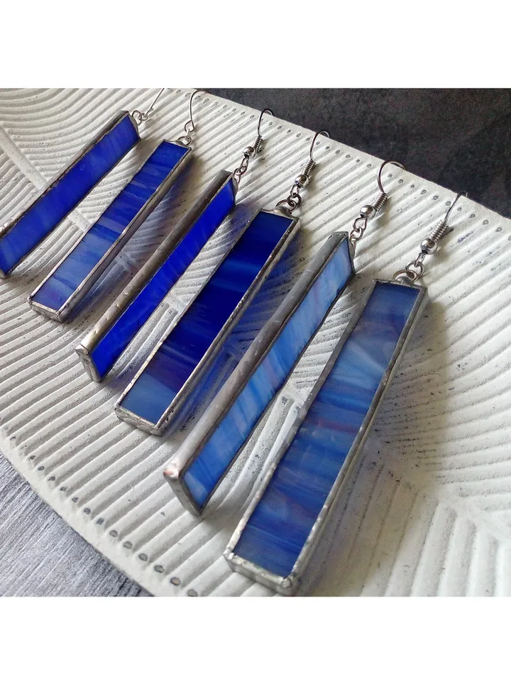 Glass blue geometric earrings, Simple Stained glass, rectangle earrings, Minimalist earrings, Dangle minimalism earrings