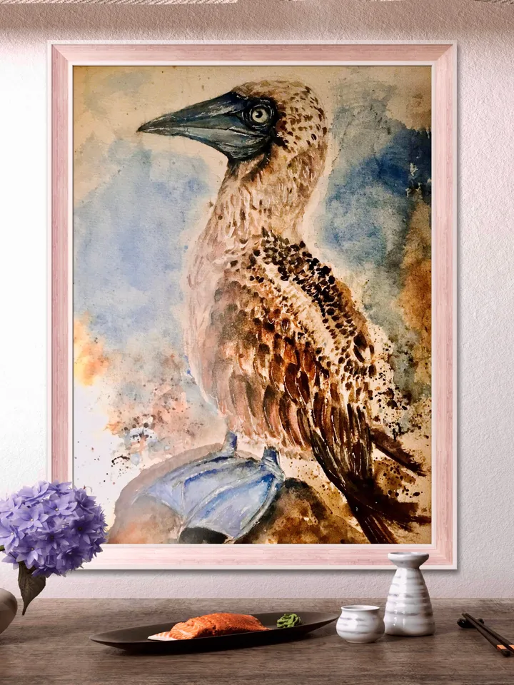 Blue footed booby original watercolour painting,exotic birds painting,birds wall decoration,interier design,unique handmade gifts.