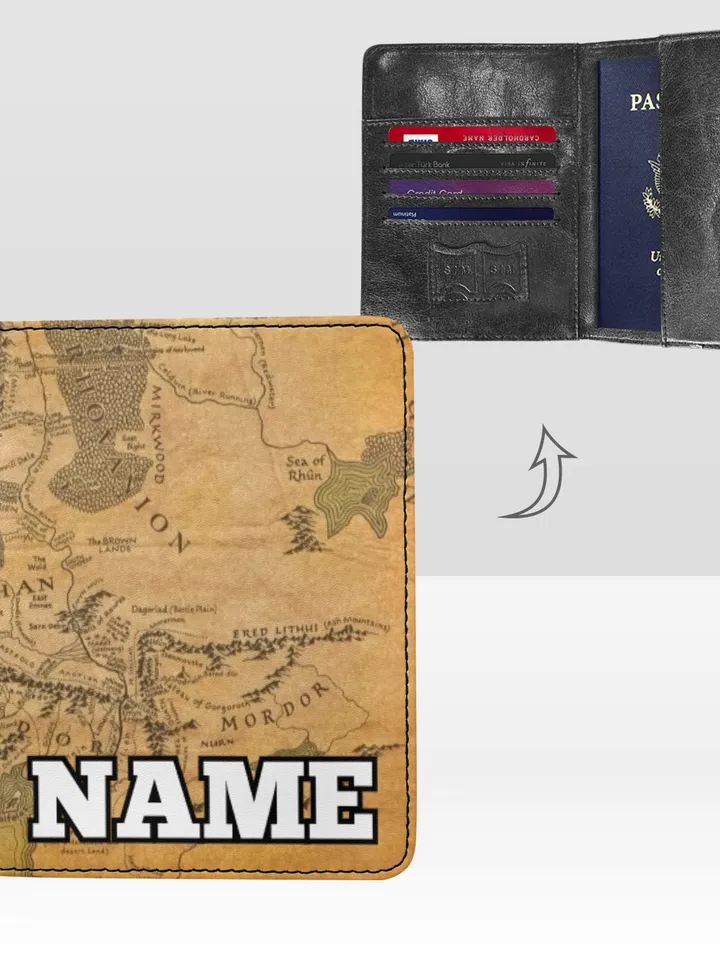 Middle Earth Map Passport Cover Custom NAME, Passport Holder High-Grade Microfiber Leather