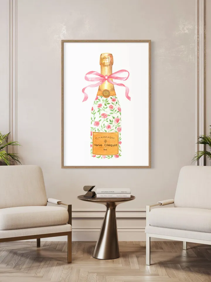 Champagne Bottle Chinoiserie Style Wall Art Print,Pink Watercolor Bar Cart Print, Cocktail Decor,Wine Wall Art,Preppy Bar Cart, Gift For Her