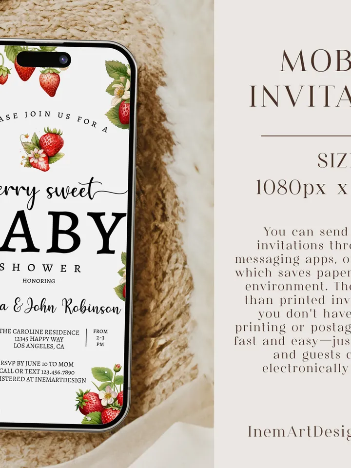 Editable Strawberry Baby Shower Invitation Berry Sweet Baby Shower Invite Berry Sweet Baby Shower Invite Printable BSH001