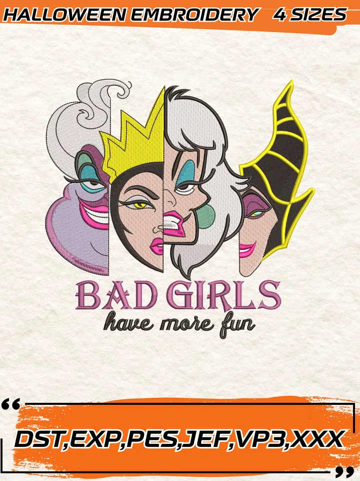 Bad Girls Have More Fun Witches Embroidery Design,Female Villains Machine Digital Embroidery Design Files,4 Sizes,Digital Download