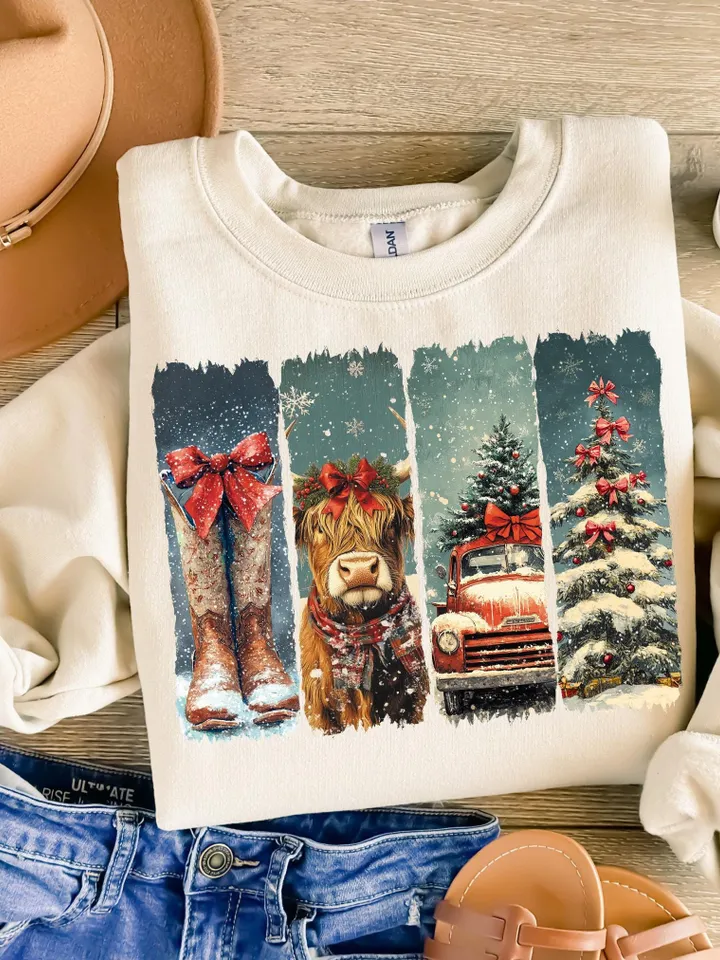 Vintage small town christmas PNG, Cowgirl Png, Small town girl Christmas PNG, highland cow Christmas png, Christmas western png