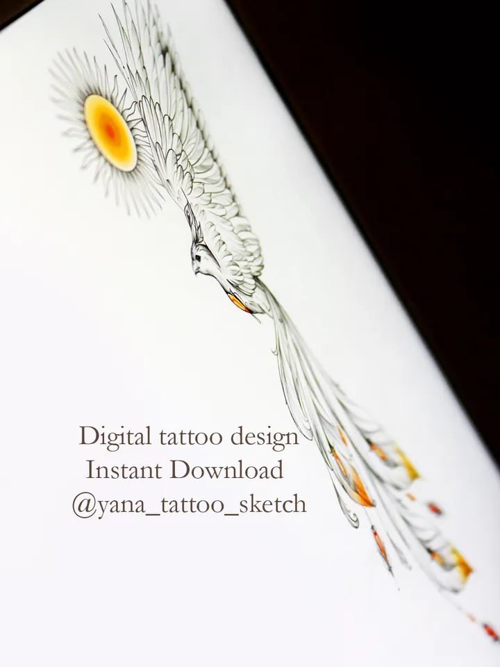 Phoenix Tattoo Design Phoenix Sun Tattoo Idea Drawing Sketch, Instant download JPG, PDF, PNG