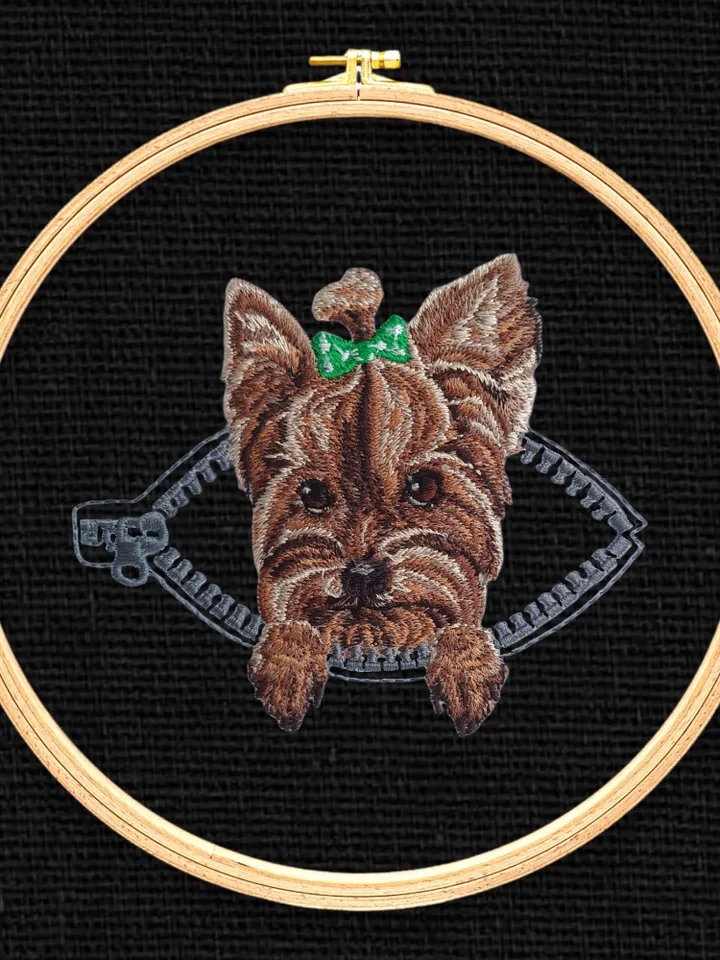 York in a zipper pocket Miniature realistic machine embroidery design Pet design Dog realistic pattern york embroidery pattern
