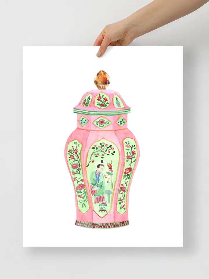 Pink Chinoiserie Ginger Jar Vase Set Of 2 Vintage Living room Wall Art Pagoda Porcelain Vases Apartment Art Print Living Room Wall Art Print
