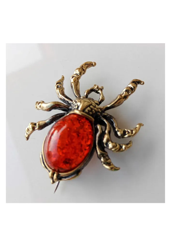 Spider Insect Brooch Pin Gold Tone Red Amber Jewelry Dress Jacket Brooch Lapel Pin for Her Women Men Beetle Brooch unique handmade jewelry