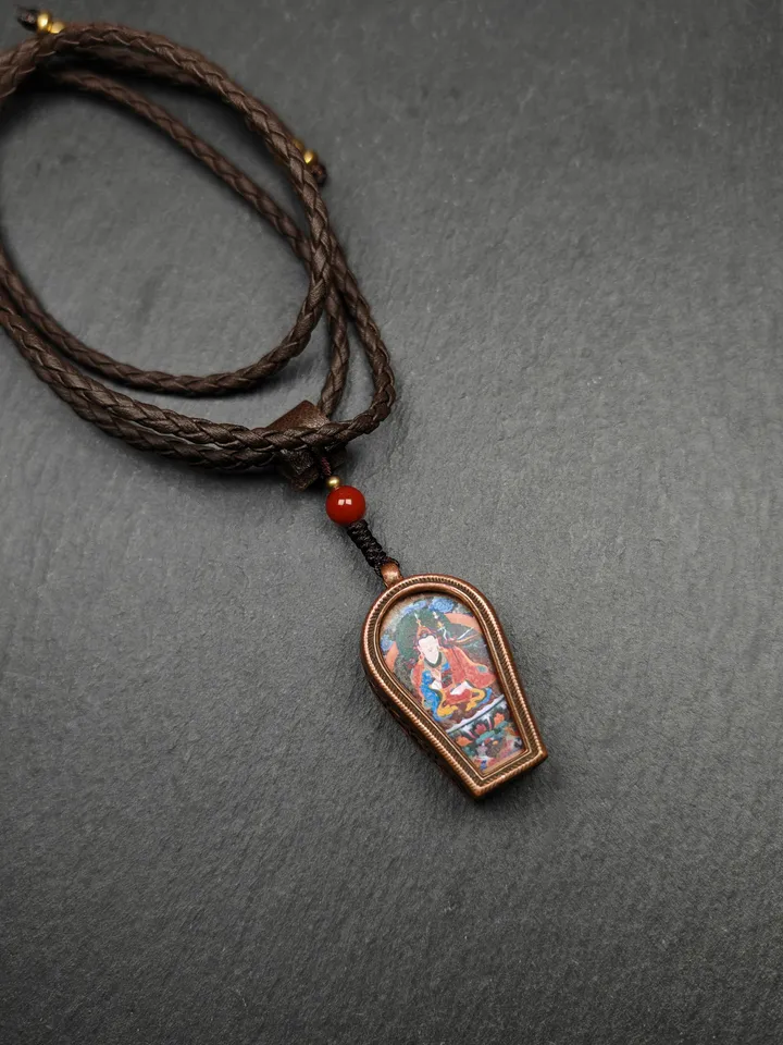 Gandhanra Antique Handmade Gau Ghau Shrine,Guru Rinpoche Gau Amulet, Mini Tibetan Buddhist Altar Amulet Pendant,Made of Red Copper