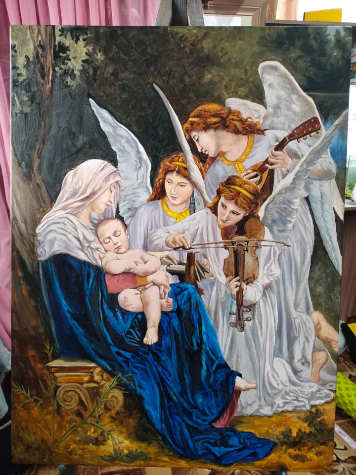 Angels oil painting Virgin Maria and Christ painting Religious inspiration Figurative art Bouguereau copy