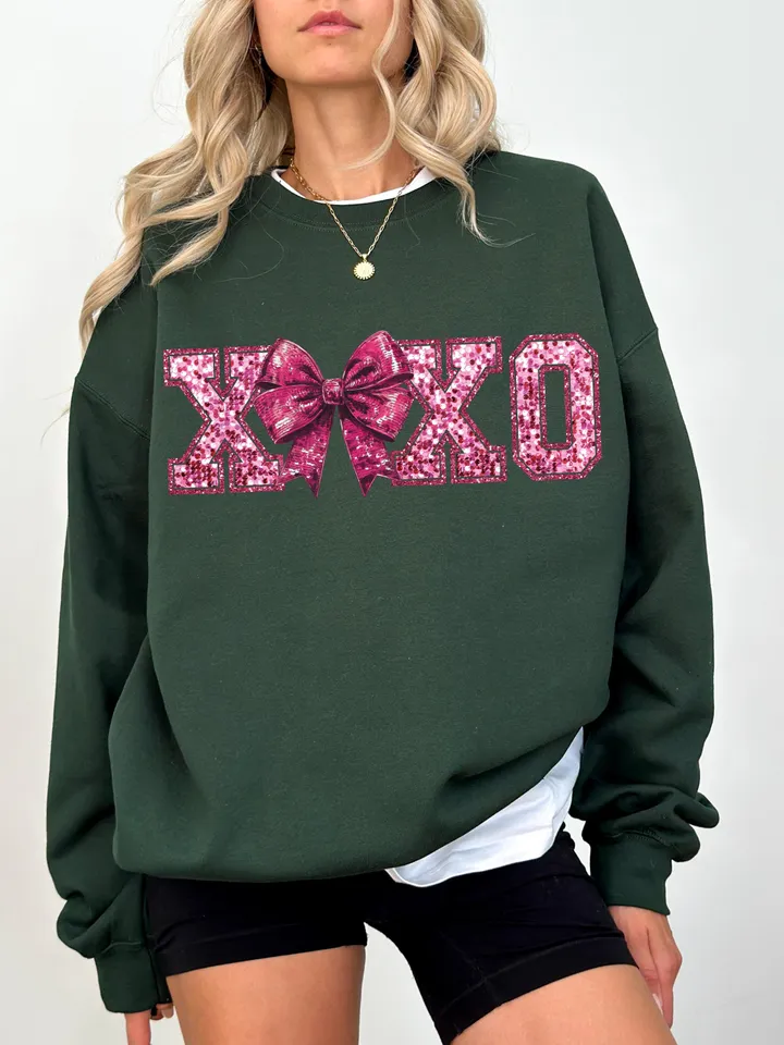 Coquette Bow XOXO Faux Sequin PNG Disco Ball Valentine, Valentines Day Png, love png, Retro Valentines Png, Coquette Trendy Valentines Png