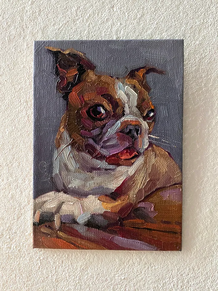 Dog oil painting original, Pet portrait artwork, Animal miniature wall art 4x6