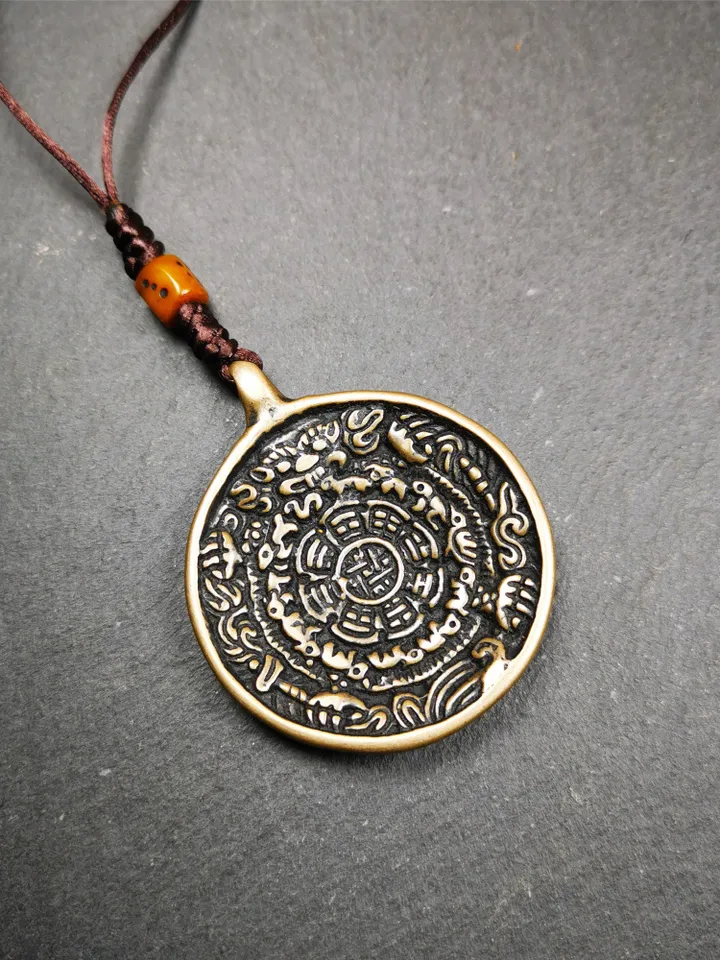 Gandhanra Antique SIPAHO(srid pa ho) Amulet, Tibetan Buddhist Astrology Calendar Badge,12 zodiac Melong Mirror, Jiugong Bagua,30 Years Old