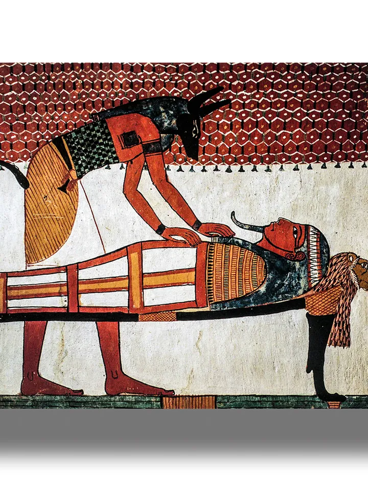 Anubis, God of the Dead, leaning over Sennutem's Mummy. Book of death artwork.