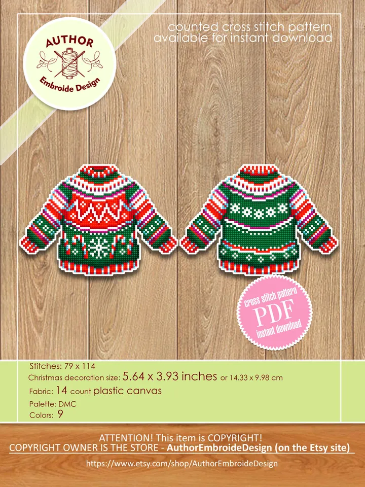 Ugly Christmas sweater cross stitch pattern PDF download Double-sided Christmas tree decor for plastic canvas Christmas jumper xstitch #N106