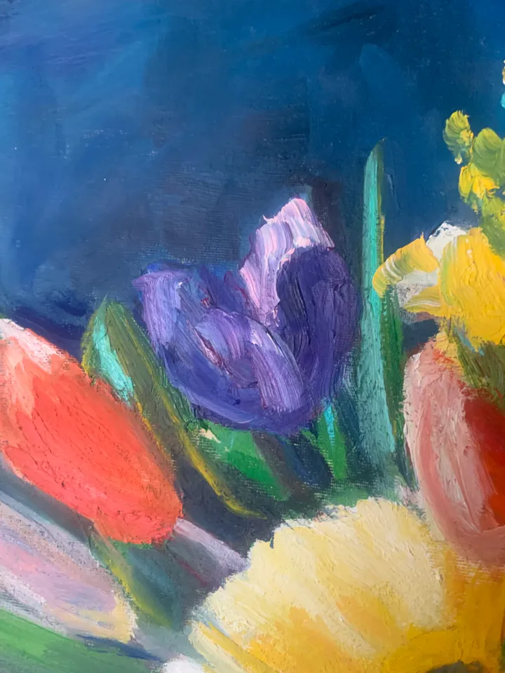 bouquet with gerberas on blue oil original painting on canvas