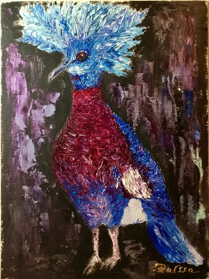 Pigeon oil painting ,Original impasto oil painting,Funny bright pigeon bird with a crown