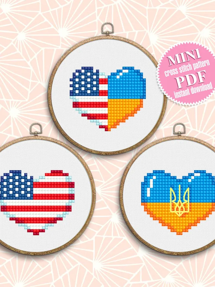 Patriotic cross stitch pattern PDF download American flag heart cross stitch chart, Mini Ukrainian flag embroidery, Independence Day #T23