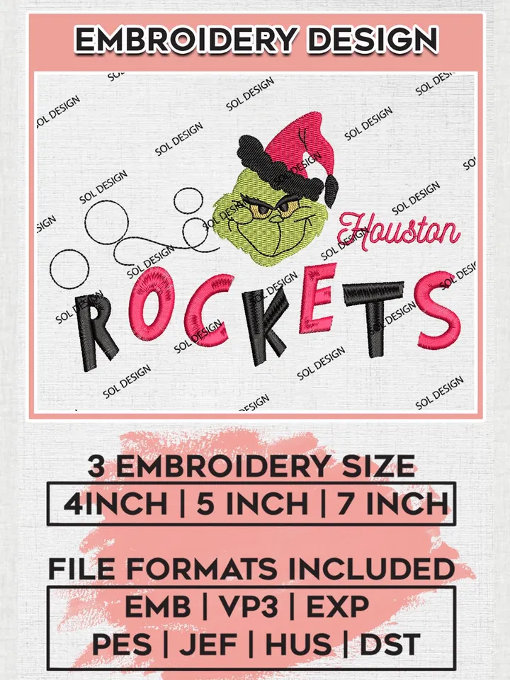 Grinch Houston Rockets Embroidery Designs, Grinch Christmas Embroidery Files, NBA Houston Rockets Machine Embroidery Designs, NBA Rockets Logo, NBA Christmas Machine Embroidery Design, Digital Download