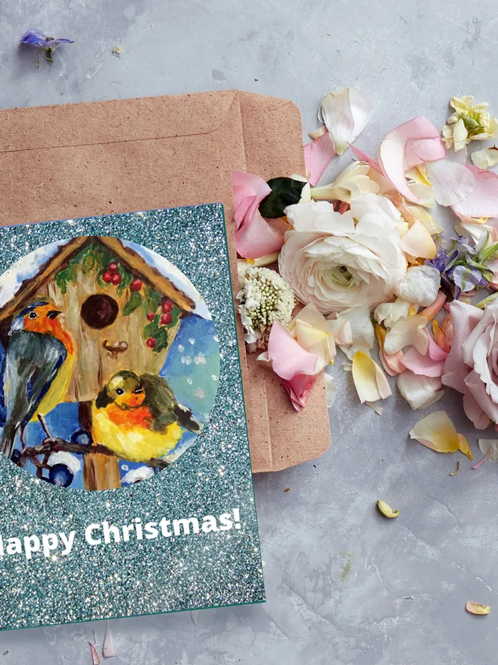 Digital greeting card, Christmas holiday card, Robin bird haid painted, Printable Xmas card