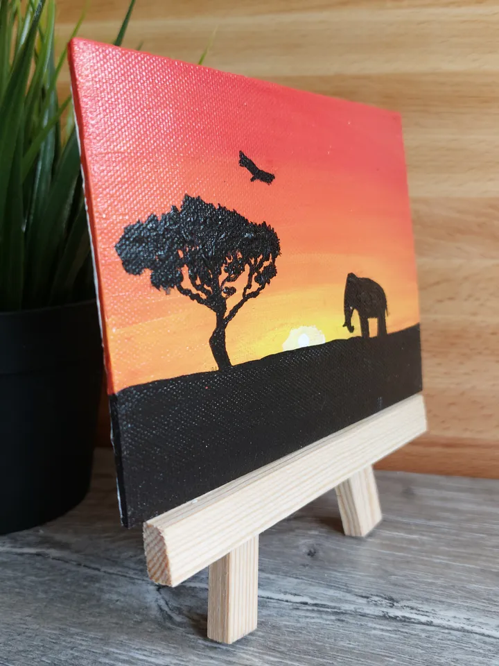 Mini painting depicting "Sunset in the jungle", Original design, Painting on a panel