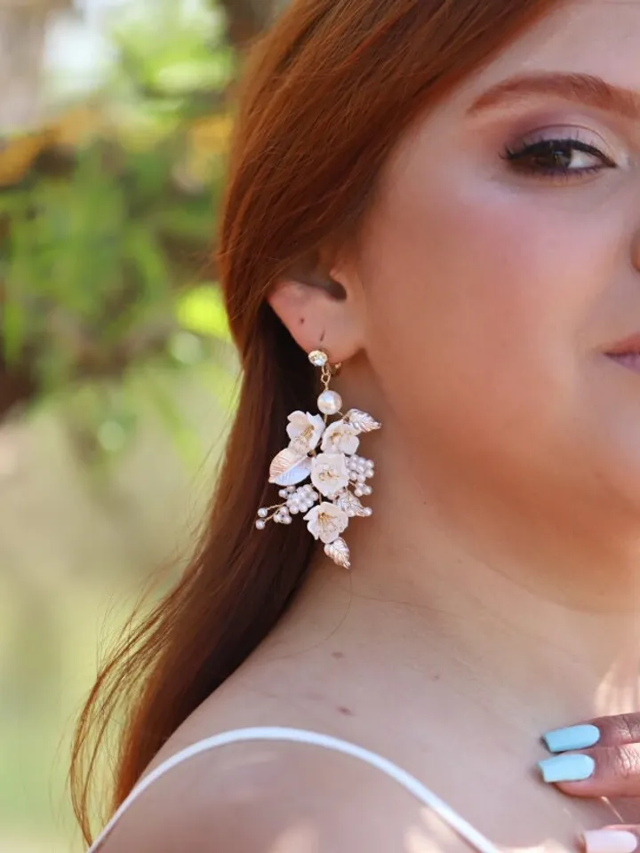 Porcelain Flower Wedding Earrings, Rose Gold Floral Statement Bridal Earrings, Pearl Boho Wedding Earrings, Statement Wedding Jewelry Set,