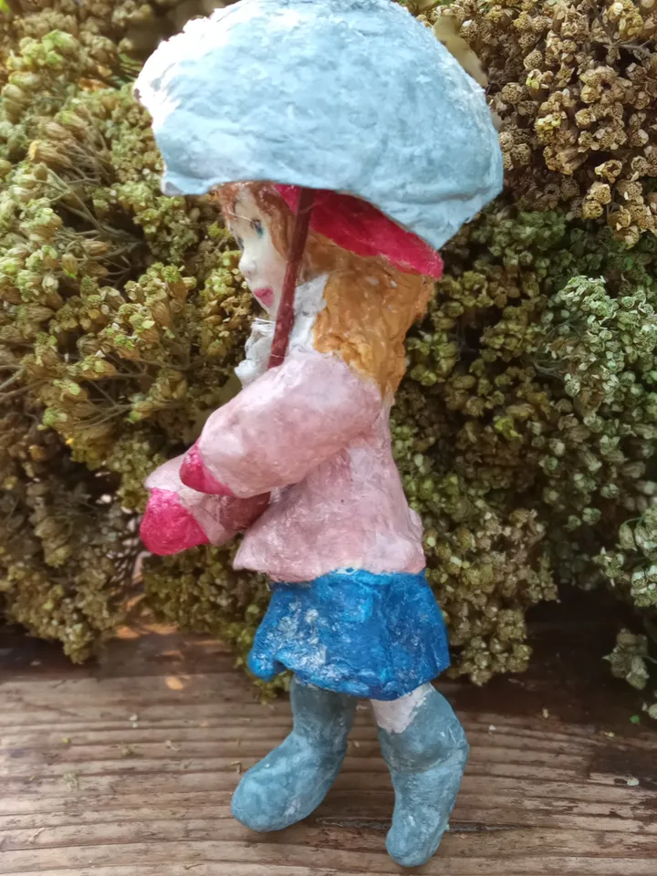 Vintage-Inspired Cotton Toy: Girl with Umbrella - Handmade Collectible. Art doll. Christmas tree toy. Christmas ornaments Spun cotton doll.