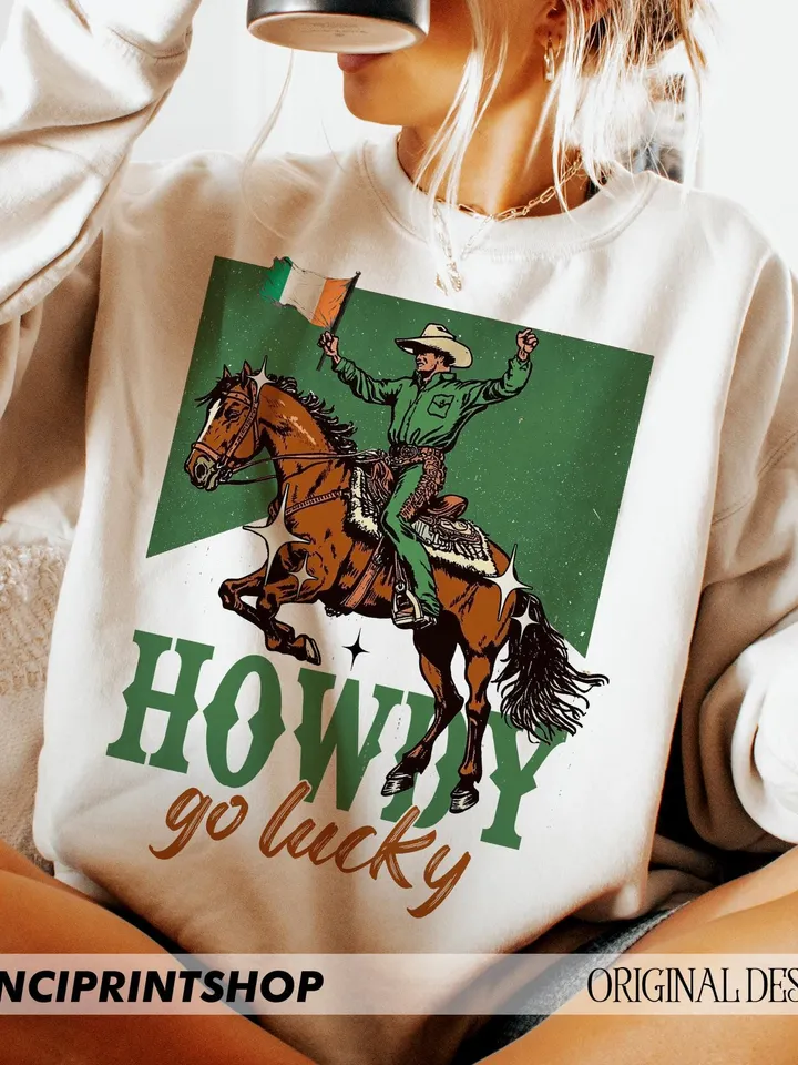 Howdy Go Lucky Png, Western St patricks day png, Retro st patricks png, St patrick png, Cowgirl St patricks png, irish day png, western png