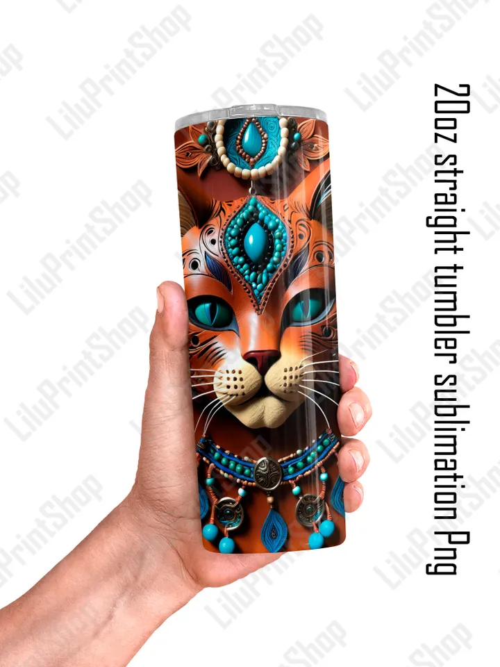 3d Cat tumbler wrap Tribal cat tumbler PNG, Tooled leather Tumbler sublimation designs 20oz skinny straight tumbler Instant download