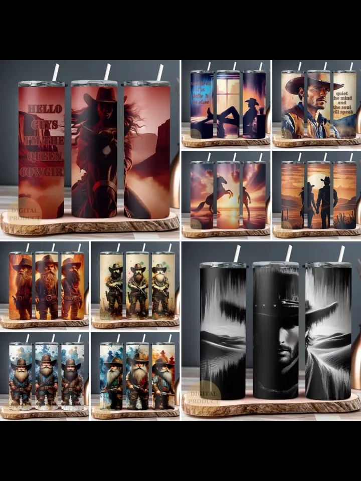 10 Western Cowboy 20 Oz Tumbler Wraps png Bundle, Cowboy and Cowgirl Sublimation Bundle Tumbler Designs png, Cowboy Gnomes Tumbler Wrap png