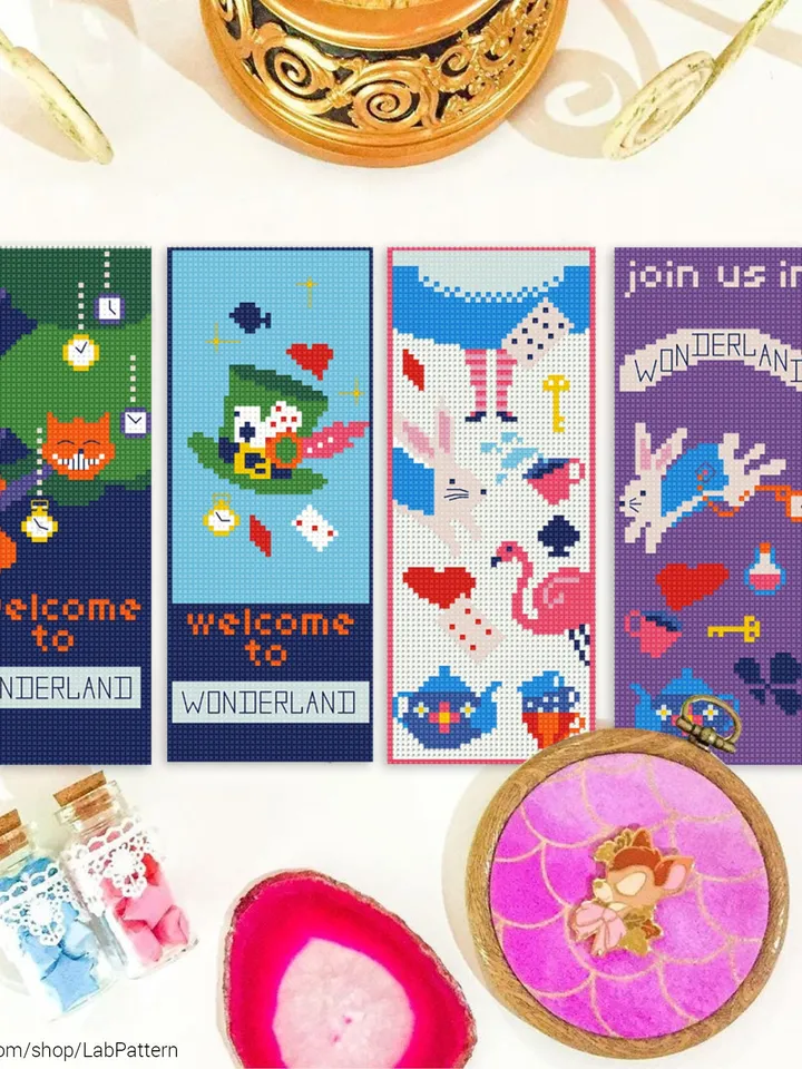 Alice in Wonderland 4 Bookmarks Set Cross stitch pattern | Embroidery Pattern | Instant Download | Embroidery Designs