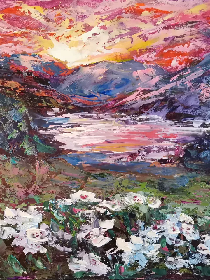 Lake Island Flowers Sunset Mountains Original Art Oil Painting impasto Artist Svinar Oksana