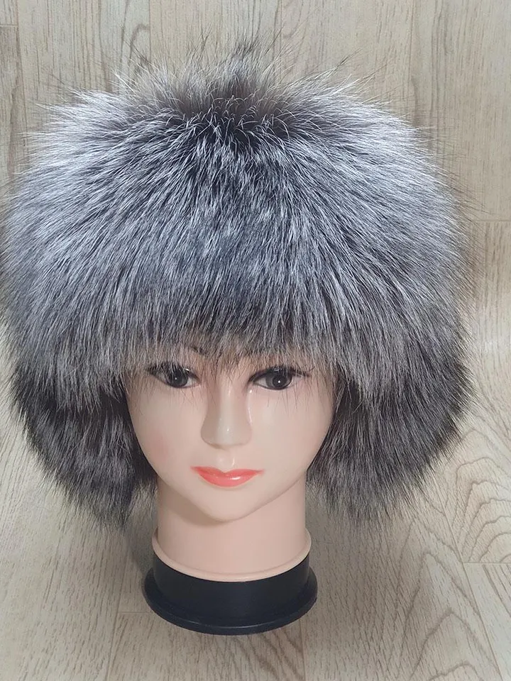 Women's Silver Fox Hat. Fur hat for Winter. Top of the hat is genuine leather. Hat with a pompom. Model Zimushka, Warm, Comfortable, Fashion