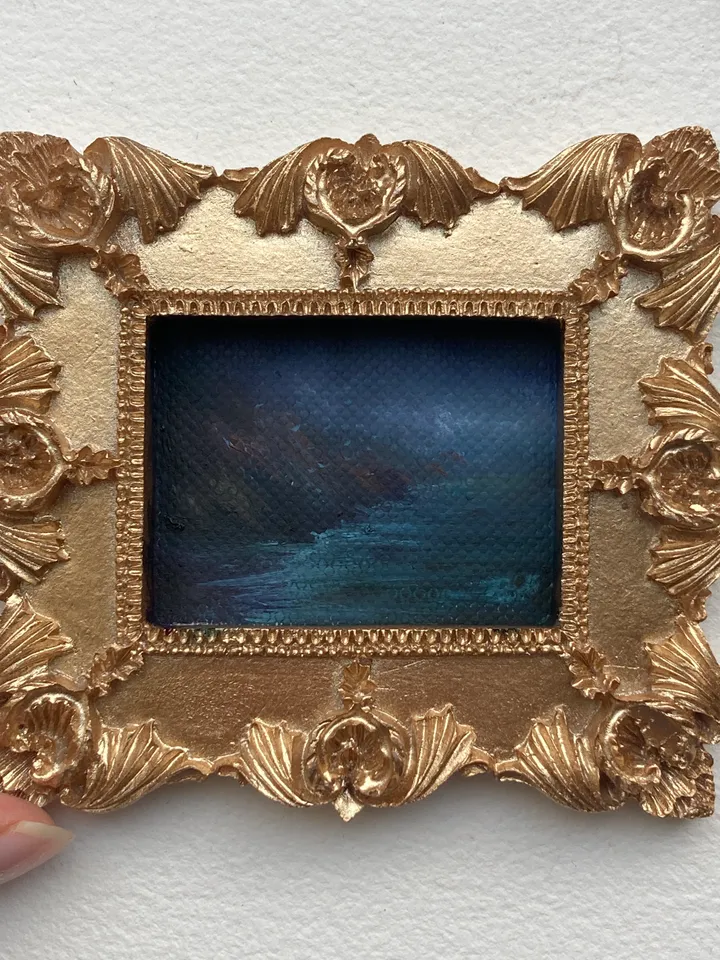 Small Landscape Oil Painting Framed Original Coast Painting Antique Ocean Art Gold Frame Tiny Paintings 3 x 4 Art