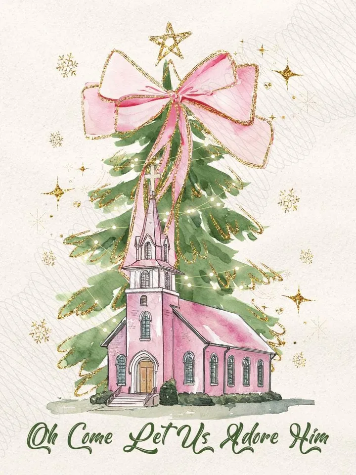 Oh Come Let Us Adore Him Png, Watercolor Christmas Tree Girly, Jesus Christmas Coquette Bow Tree Png, Christmas Lights Hand Drawn