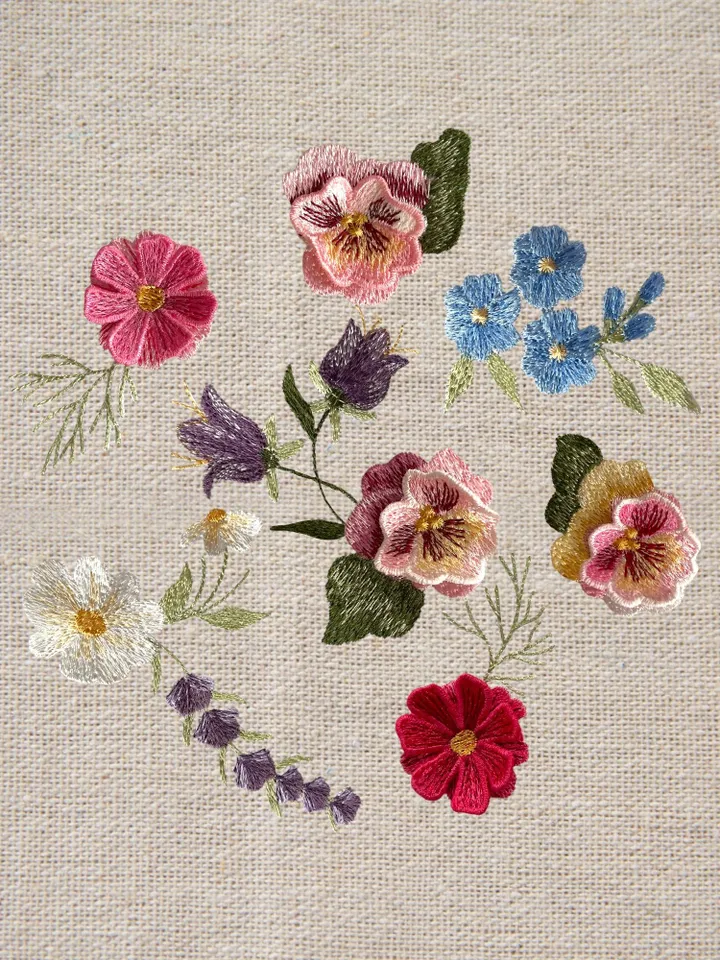 Set of spring flowers with 3D elements Floral pattern Flower machine embroidery design 3D floral motif 3D flowers digital pattern clothing