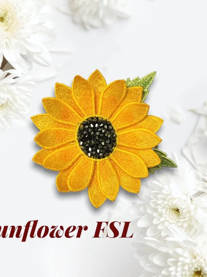 Sunflower Brooch Hairpin FSL Machine embroidery design Digital embroidery pattern Free standing lace flower file