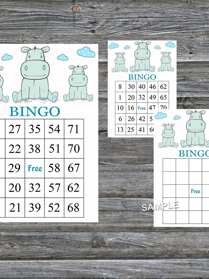 Blue hippo bingo cards,hippo bingo game,Safari printable bingo cards,60 Bingo Cards,INSTANT DOWNLOAD--185