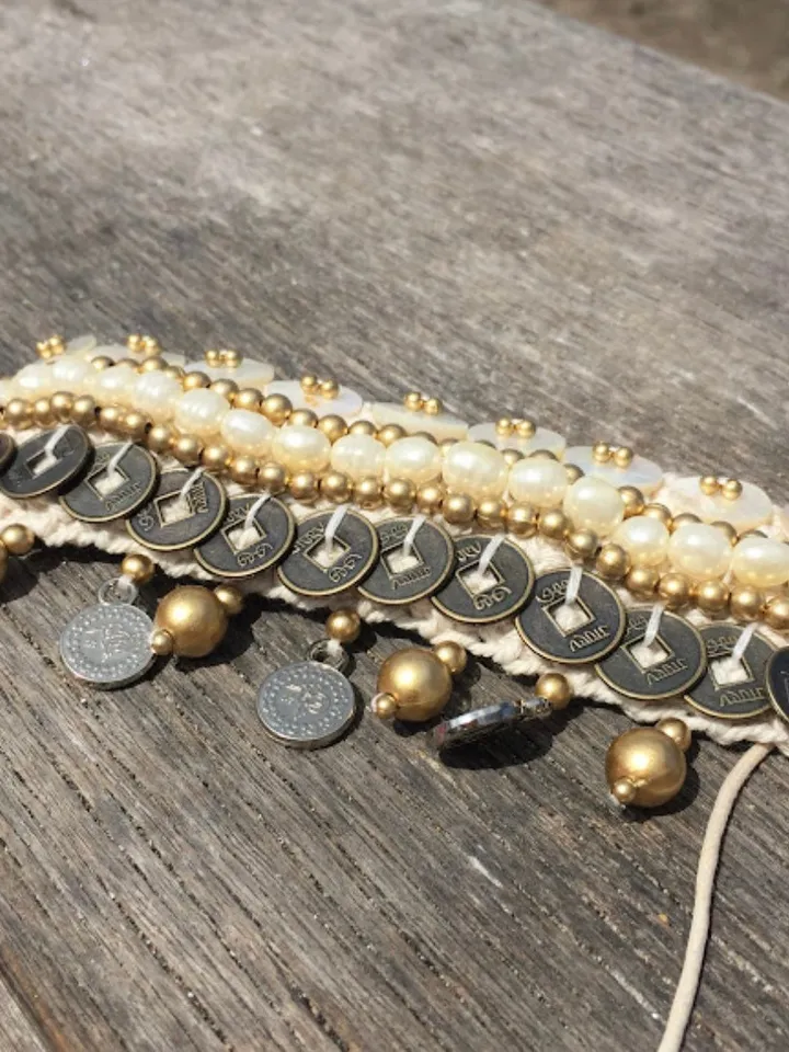 Boho Hippie Coachella Pearl Chinese Coin Bracelet | Macrame crochet tie bracelet | Bohemian Jewerly | shell bracelet bali crochet bohemian