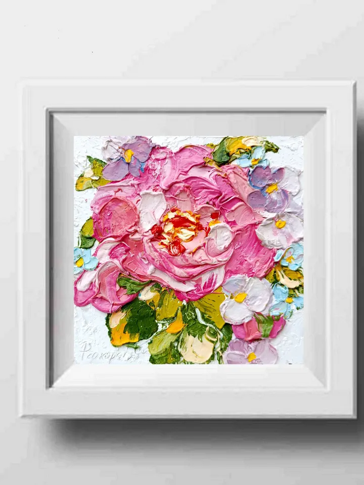 Rose Painting Hydrangea Original Art Floral Impasto Oil Painting Small Wall Art 6x6 Harmony in Blooms Floral Delight by ArtProkopaloSv