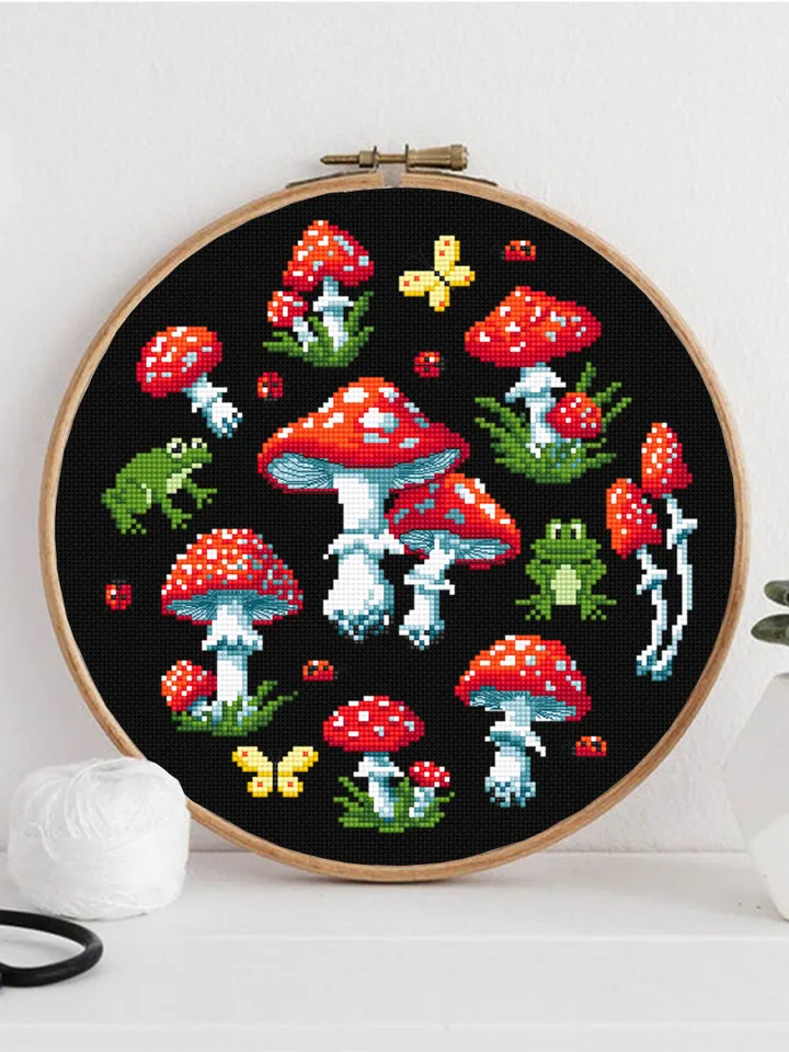 Mushroom sampler cross stitch pattern PDF download Amanita mushroom cross stitch chart, Mini frog cross stitch Mushroom pattern digital #L76