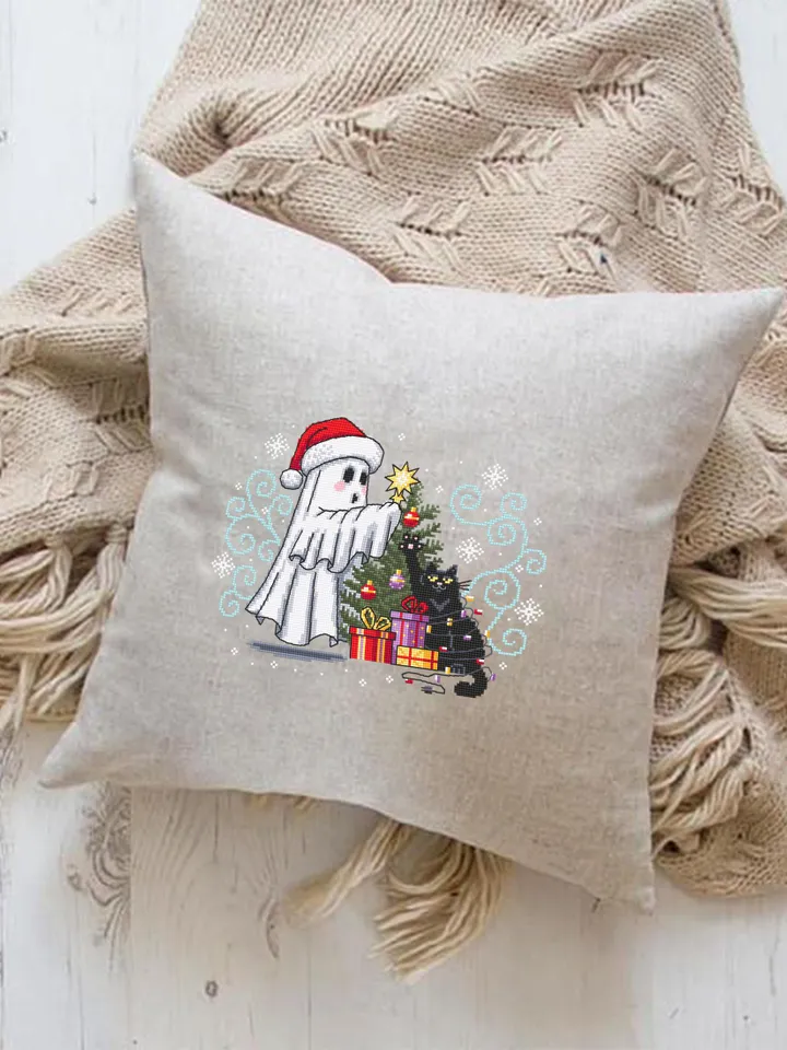 Christmas ghost with black cat cross stitch pattern PDF download Cute ghost cross stitch chart, Christmas pattern digital PDF #N147