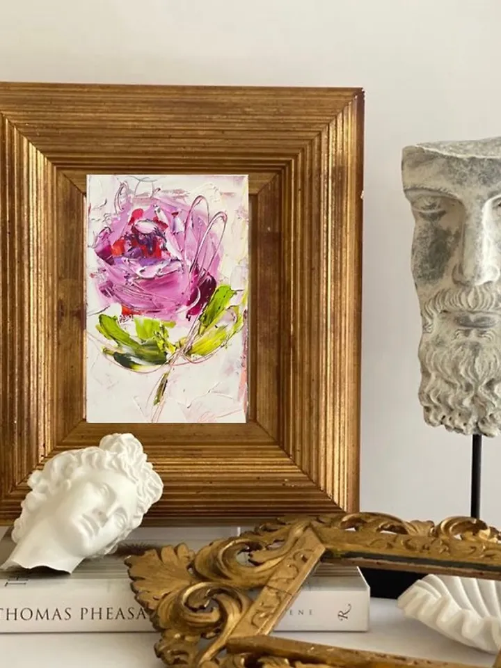 Pion Painting Original Small Oil Artwork Flower Artwork