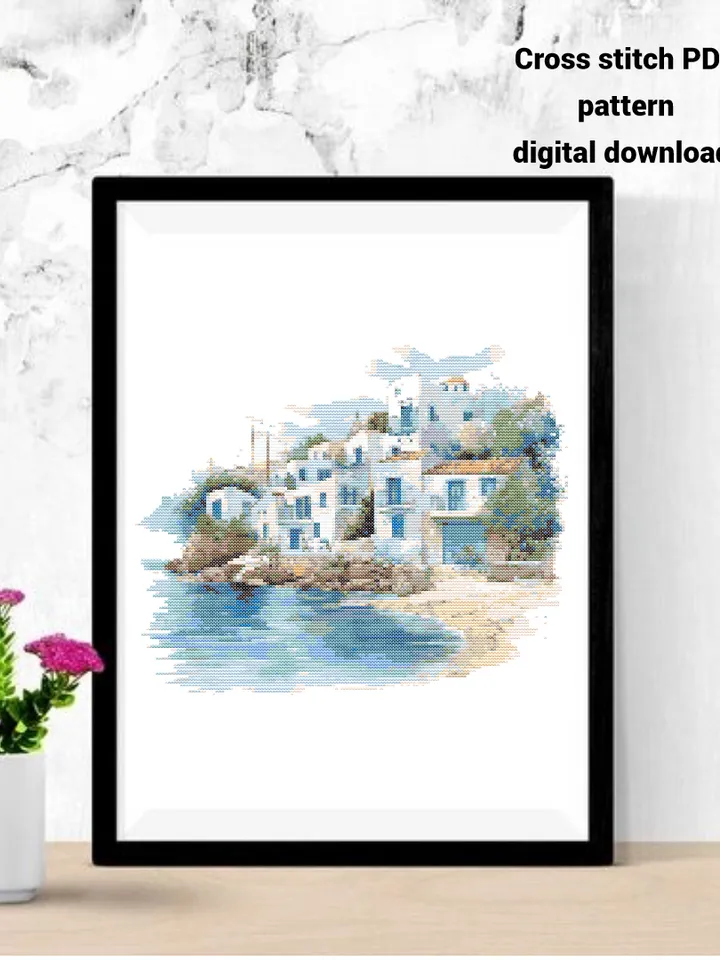 Greece Seaside cross stitch PDF pattern, Watercolor Landscape embroidery design, Instant download