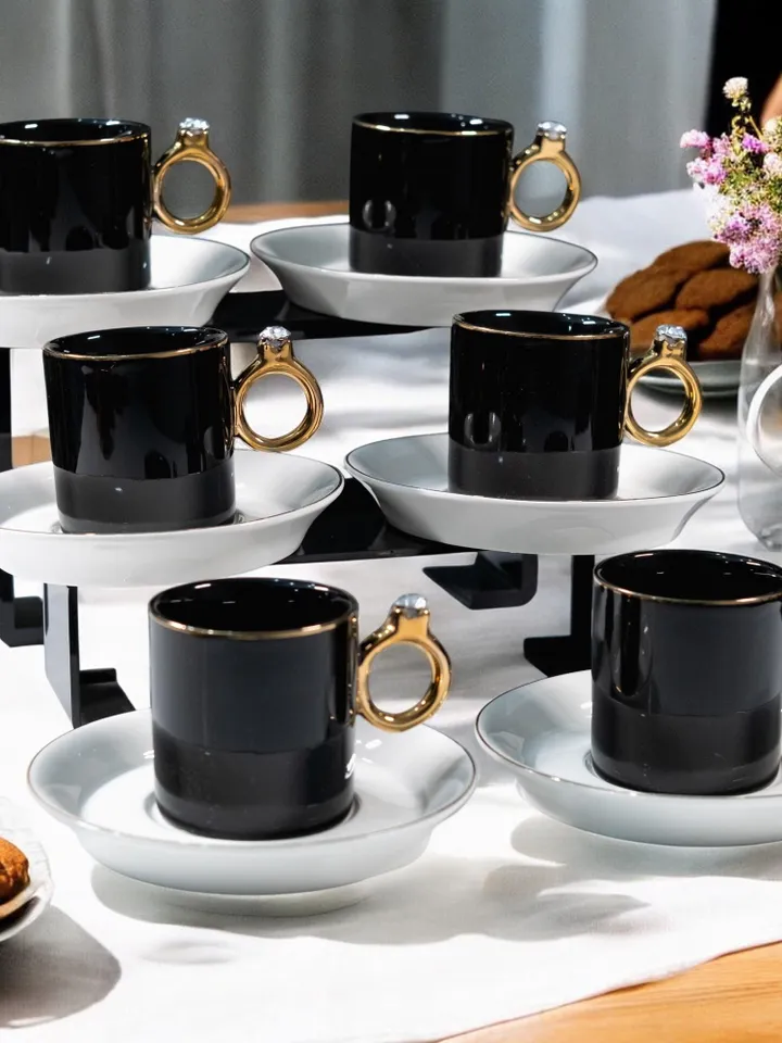Black And Gold Luxury 12 Pieces Tea Cups And Saucers | Black and Gold Tea Cups | Elegant 12-Pieces Tea Cups