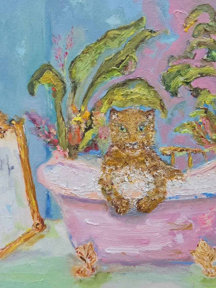 "Wild cat at SPA" oil painting on canvas 40x30cm (16x12inch)