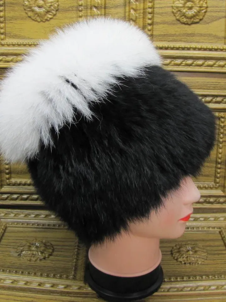 Women's fur hat made of natural rabbit fur. Rabbit hat with arctic fox. Women's winter hat, fur accessory. Rabbit and arctic fox fur.