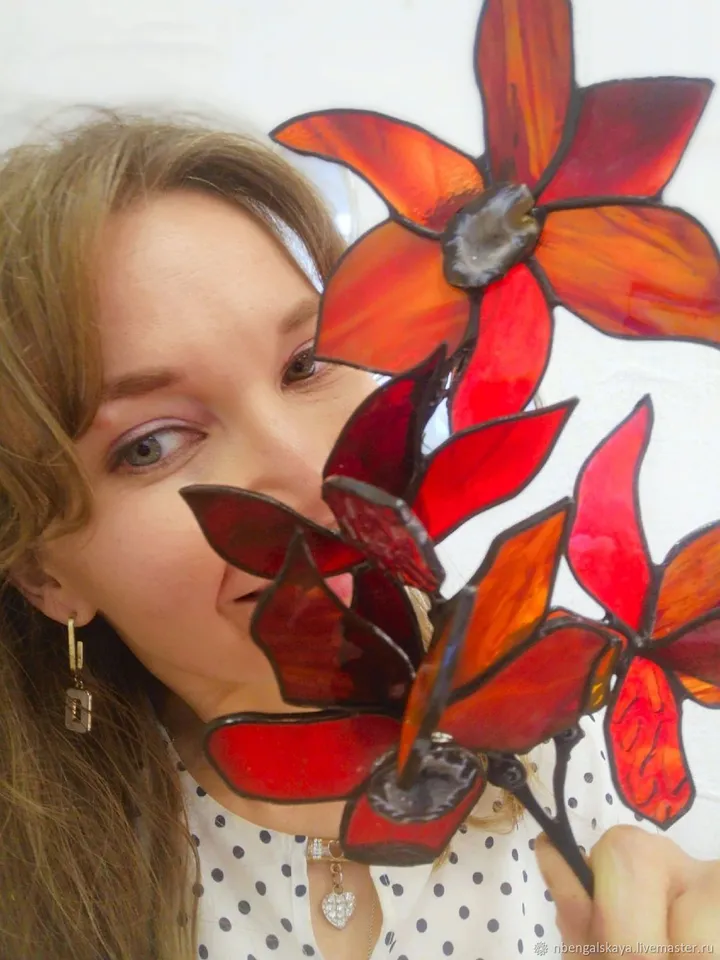 Stained Glass: Red Orchid Branch (Small) with Agates, Small Red Orchid Branch with Agates, Tiffany Stained Glass: Red Orchid Sprig with Agate Inlays, Red Orchid Branch (Small) with Agates, Handcrafted Tiffany Glass: Small Red Orchid with Agates