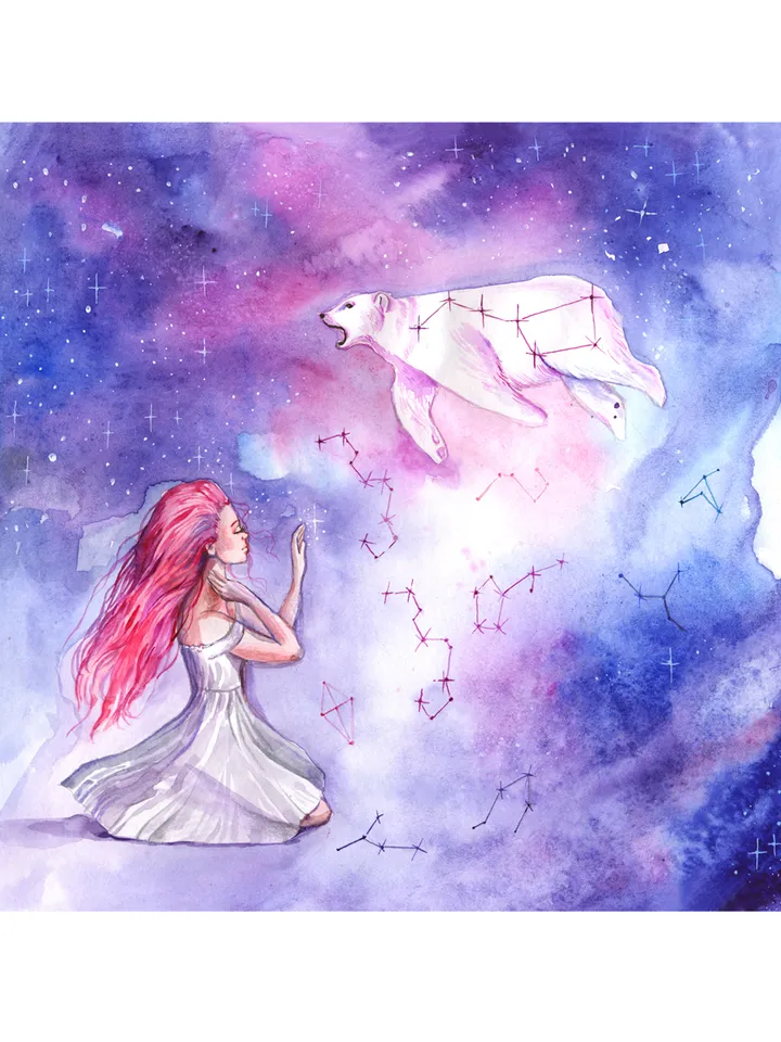 Starry Sky Painting Ursa Major Original Art Girl Watercolor Fairytale Artwork